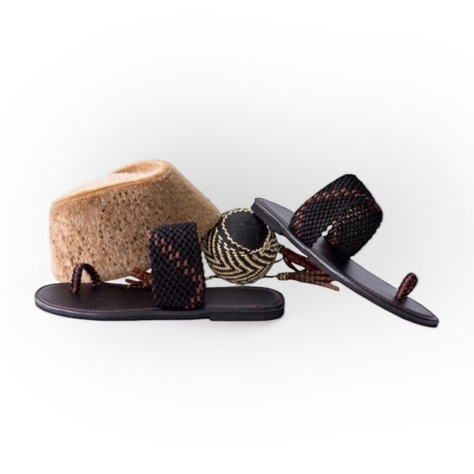 Macrame Black Slippers & Brown Hat